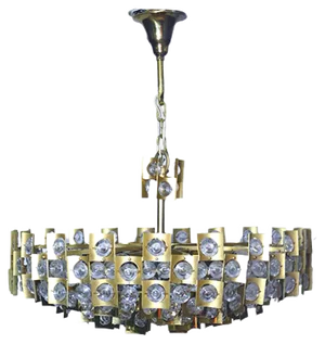 Large Mid-Century Brutalist Gilt Brass & Crystal Chandelier from Palwa, 1960s