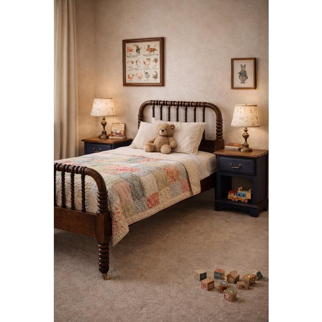 American Antique Spool-Turned Twin Bed Frame With Original Casters – Late 19th Century Bobbin Bed, Solid Wood Cottage Americana For Sale - Image 3 of 8