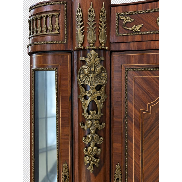 Brown Early 20th Century French Louis XVI Revival Bronze-Mounted Marquetry & Marble-Top Display Credenza For Sale - Image 8 of 11