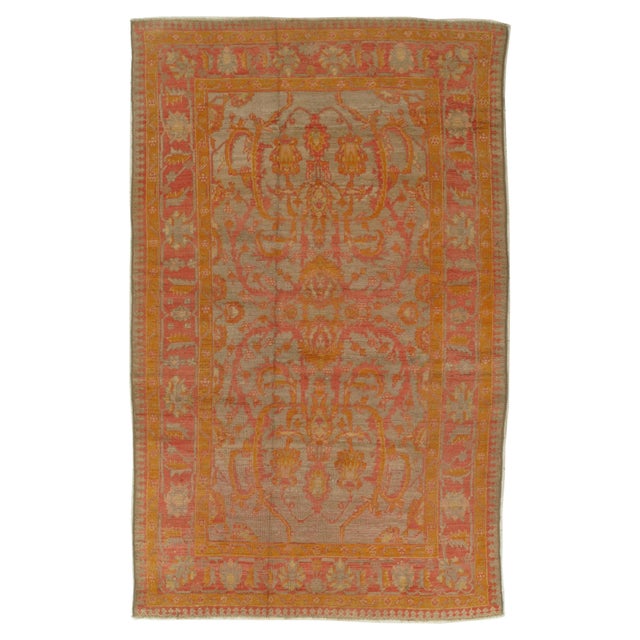 Antique Oushak Carpet, Handmade Turkish Oriental Rug, Saffron, Coral, Light Blue For Sale - Image 17 of 17