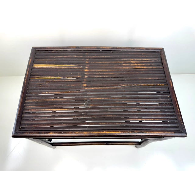Vintage Dark Bamboo Side Table With Slatted Top and Geometric Skirt Detail For Sale In Little Rock - Image 6 of 16
