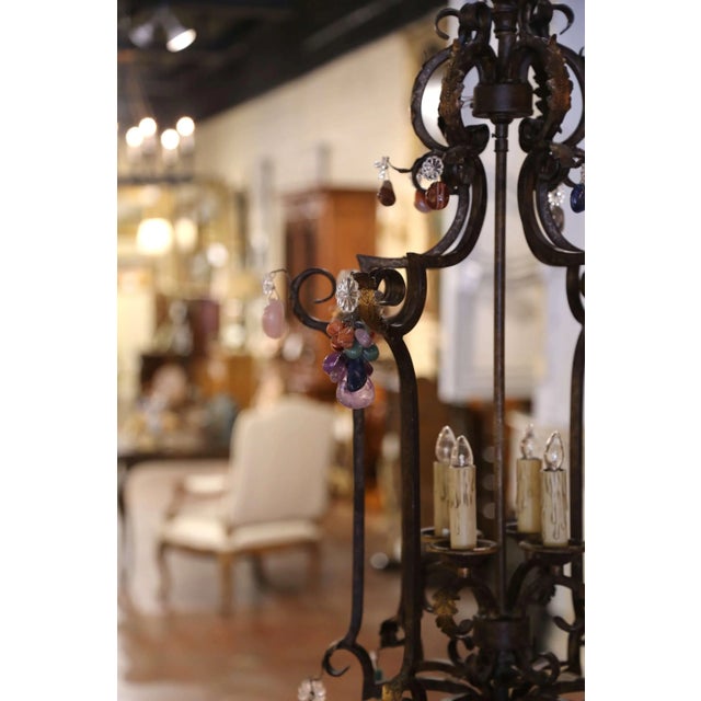 Black Mid-Century French Louis XV Style Iron and Crystal Four-Light Lantern For Sale - Image 8 of 9