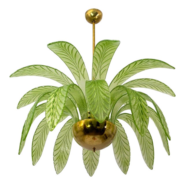 Mid-Century Modern Palm Leaves Chandelier in Murano Glass and Brass from Maestri Muranesi, 2000 For Sale