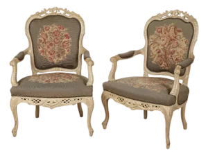 Pair of Vintage Rococo-Style Fauteuils New Upholstered Needlepoint Fabric Nailhead Trim