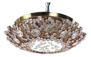 A Gold-Plated Brass and Crystal Flush Mount Ceiling Fixture by Lobmeyr, Austria, C. 1960.