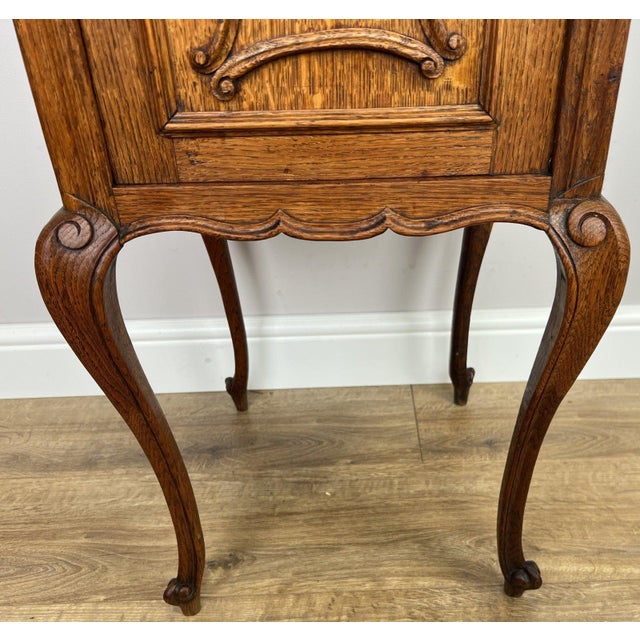 Metal Antique French Marble Top Oak Carved Nightstands For Sale - Image 7 of 11