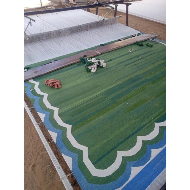 Handmade Cotton Scalloped Rug, Forest Green With Cream and Blue Full Border 10'x14' For Sale - Image 11 of 11