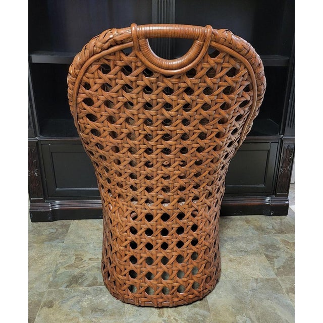 Vintage Basketweave Rattan Accent Chair With Sculptural Handled Back For Sale - Image 4 of 7