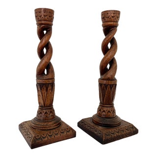 Carved Spiral Candlesticks, England Late 19th Century - Pair For Sale
