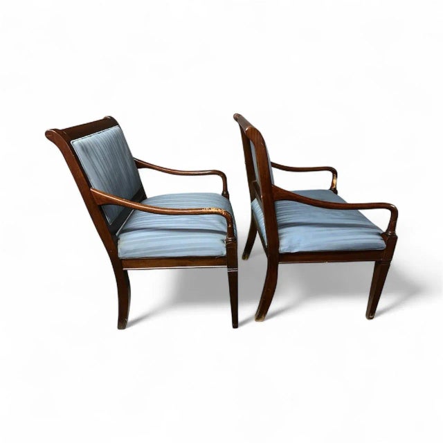 Traditional Late 20th Century Hickory Chair Federal Style Mahogany & Inlay Upholstered Mahogany Armchairs, 2 Pieces For Sale - Image 3 of 5