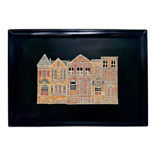 Classic Vintage Mid-Century Modern Couroc of Monterey, California ‘San Francisco Victorian Row Houses’ With Hand Inlaid Wood & Brass Detailing For Sale
