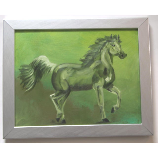 An elegant horse in shades of army , forest, lime greens on a mottled green landscape background.. Impressionism ,...