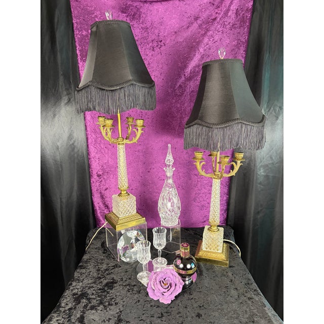 Mid-Century Modern Mid 20th Century Hollywood Regency Crystal & Brass Four‑Arm Candelabra Lamps With Black Fringe Shades — A Dramatic Pair For Sale - Image 3 of 12