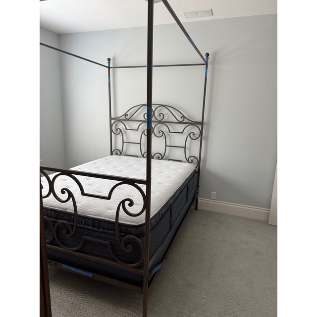French Country Iron 4 Poster Canopy Queen Bed Frame For Sale - Image 3 of 5