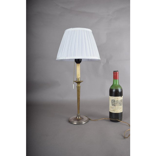 Metal Vintage Brass Table Lamp, Worn Silver-Tone Finish, Pleated Shade, 1940s For Sale - Image 7 of 7