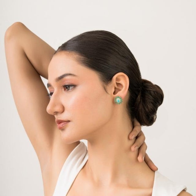 Green Retro 4.93 Ct Turquoise Emerald Diamond Floral Cluster Stud Earrings in 14k Gold- A Pair For Sale - Image 8 of 14