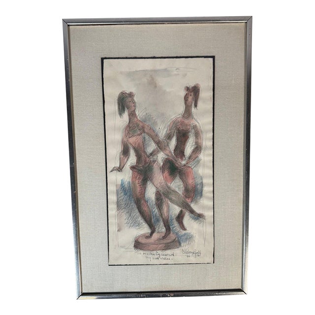 Chaim Gross Signed and Inscribed 1966 Pencil and Watercolor Drawing, Two Dancers For Sale
