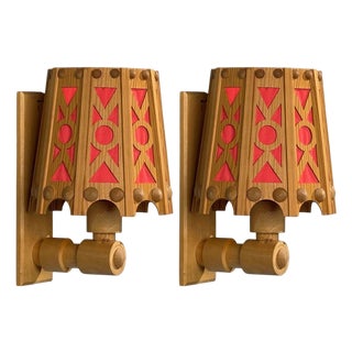 Swedish Modern, Wall Lights, Pine, Red Textile, Sweden, 1970s For Sale
