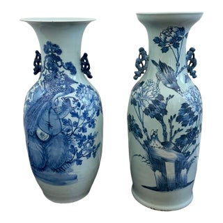 Late 19th Century Chinese Celadon-Ground Blue & White Porcelain Vases – Pair For Sale