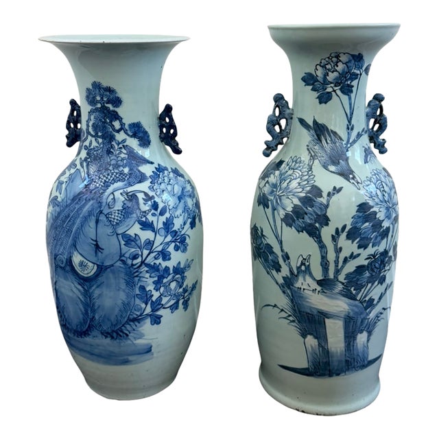 Late 19th Century Chinese Celadon-Ground Blue & White Porcelain Vases – Pair For Sale