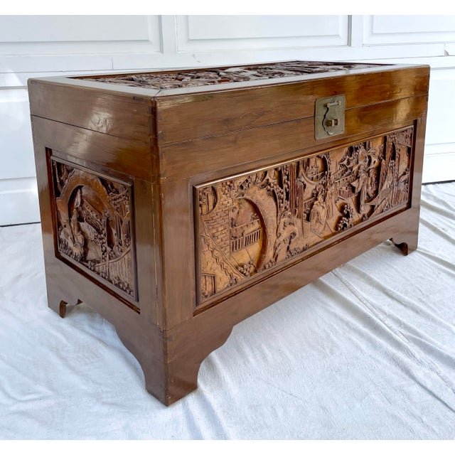 Chinese Vintage Chinese Intricately Carved Wood Camphor Chest For Sale - Image 3 of 13