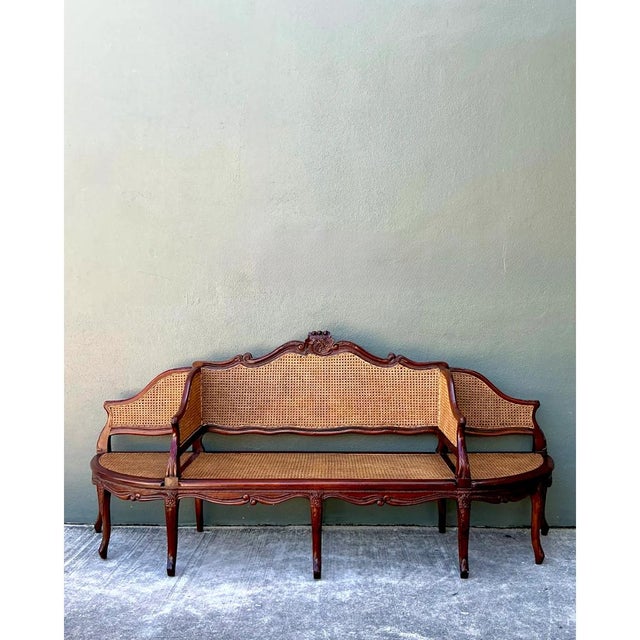 Vintage Carved Wood and Cane Settee For Sale - Image 4 of 12