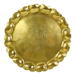 Vintage Chinese Solid Brass Etched Round Tray With Scalloped Edge