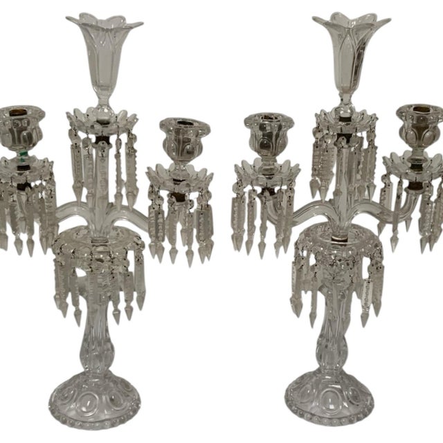Vintage Pair 14" Modular Crystal 3-Light Candelabras Threaded European Lead Crystal Complete With Prisms For Sale - Image 9 of 12
