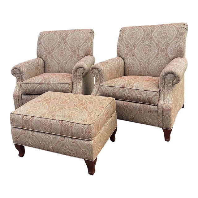 Ethan Allen Transitional Upholstered Chairs and Ottoman Set | Chairish