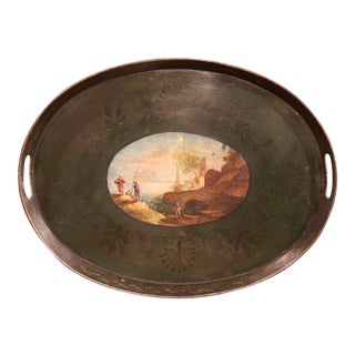 19th Century French Napoleon III Hand-Painted Tole Tray With Coastline and Cliff For Sale