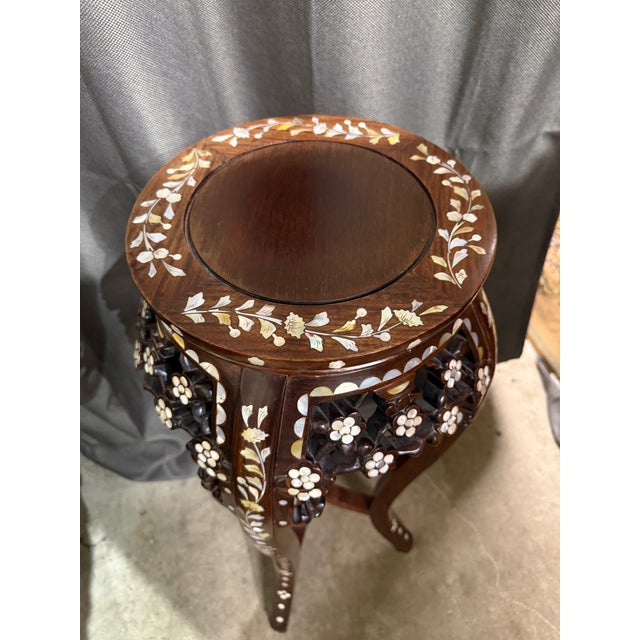 Late 20th Century Chinese Rosewood Plant Stand With Mother-of-Pearl Floral Detail For Sale - Image 4 of 8