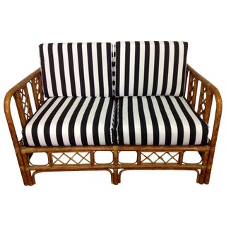 Black and White Stripe Rattan Love Seat For Sale