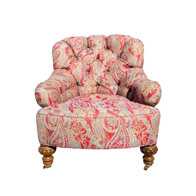 Late 20th C Baker Furniture Tufted Club Armchairs, George Smith Style Paisley Upholstery, Brass Casters – Pair For Sale - Image 9 of 18