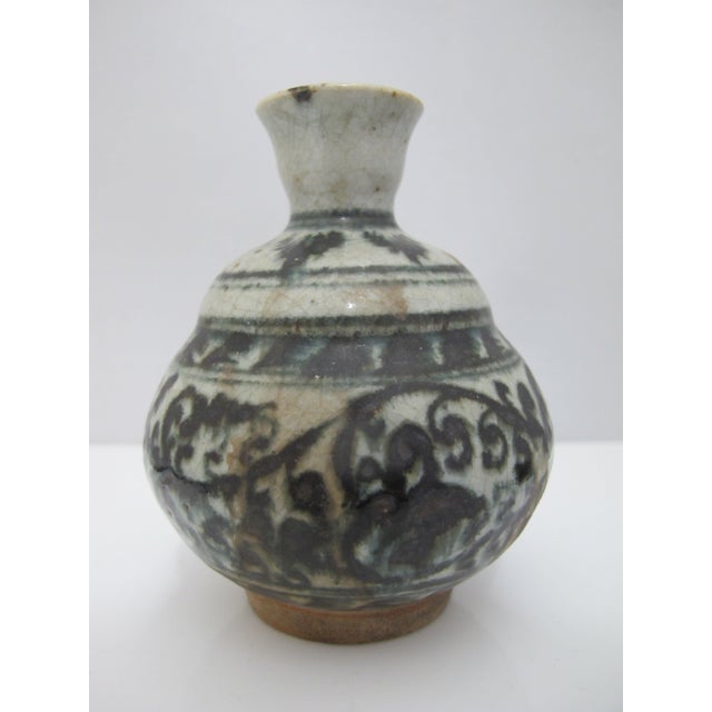 Nautical Antique Vietnamese Southeast Asian Blue Flower Pottery Jarlet Bottle Vase For Sale - Image 3 of 11