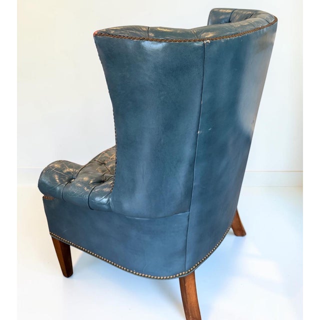 Wood Mid Century Tufted Leather Wingback Chairs, Pair For Sale - Image 7 of 8