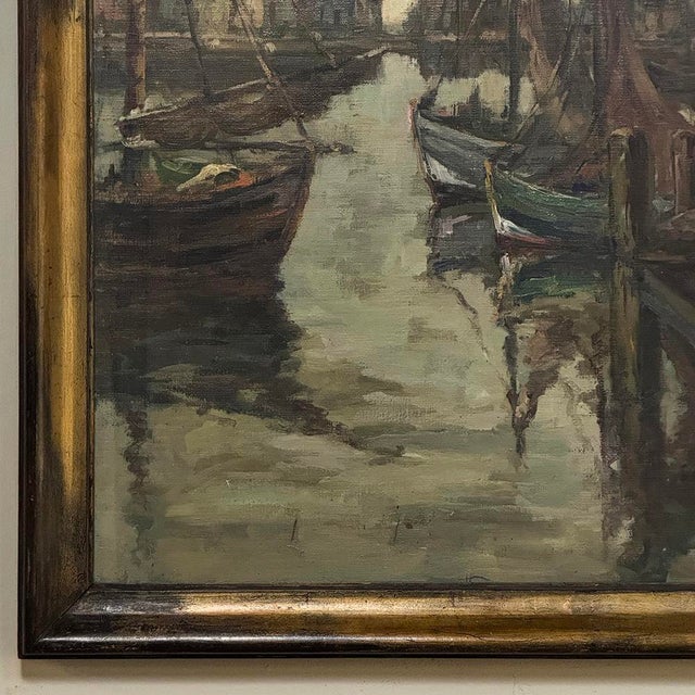 Antique Framed Oil Painting on Canvas by A. Sengier (1886-1964) 'Sailboats at the Quay' For Sale - Image 10 of 16