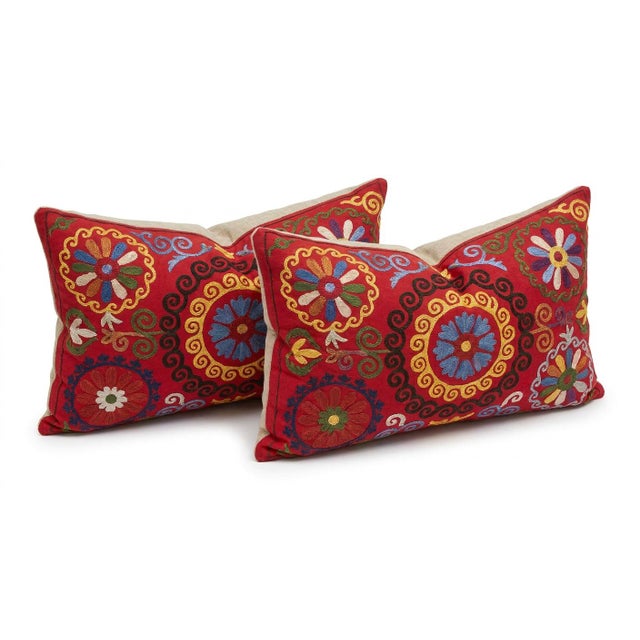 Mid-Century Modern Bukhara Suzani Bedding Pillow Cover 15'' X 33'' - Set of Two For Sale - Image 3 of 4