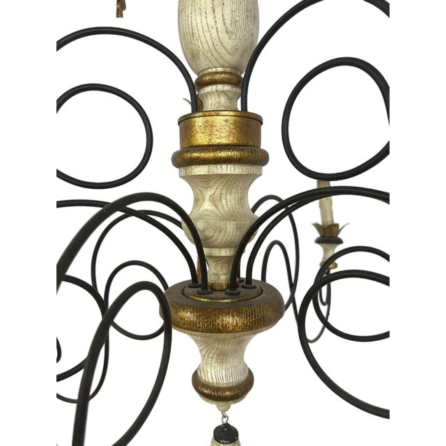 French Country 9-Light Wrought Iron Chandelier With Carved Wood Accents For Sale - Image 4 of 13