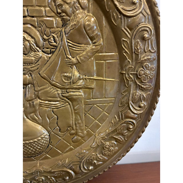 Mid-Century Modern English Embossed Brass Decorative Wall Plate With Medieval Musicians Scene For Sale - Image 3 of 15