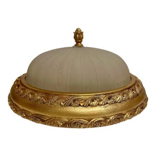 Large Vintage Cast Gilt Finish Flush Mount Chandelier For Sale