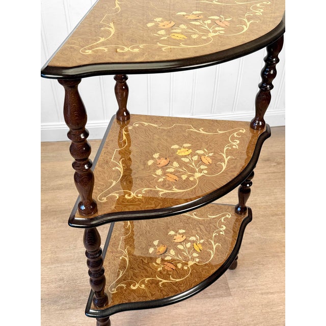 Vintage Italian Rococo Marquetry Fruitwood 3-Tier Corner Shelf For Sale - Image 4 of 13