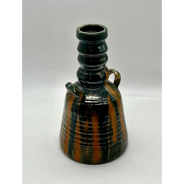 C. 1970s MidCentury Modern Studio Pottery Drip Glaze Handled Vase