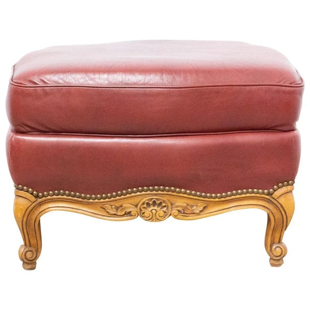 French Beech and Red Skai Ottoman, 1960s For Sale - Image 9 of 9
