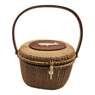 Vintage Nantucket Wicker Handled Basket With Whale For Sale
