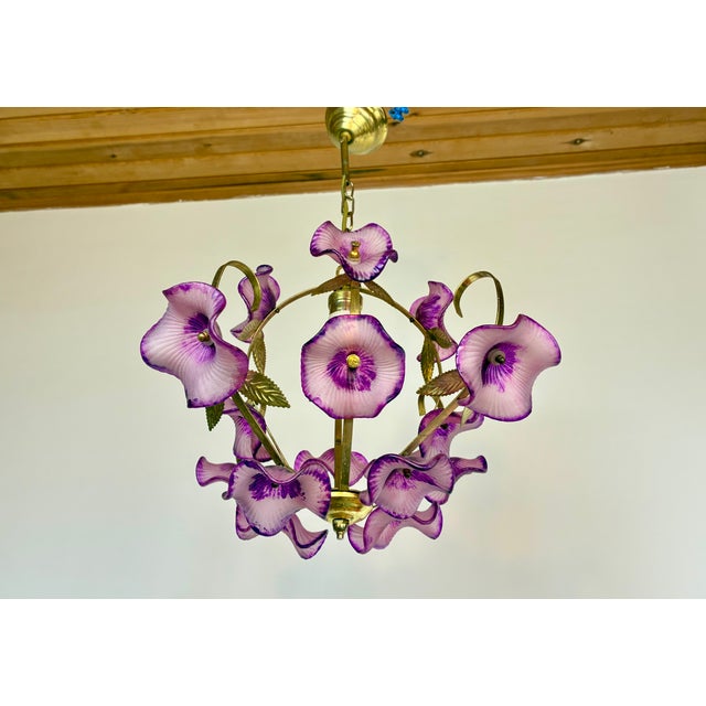 Vintage Hand-Painted Pink Glass Flower Chandelier – One of a Kind Floral Ceiling Light For Sale - Image 14 of 14