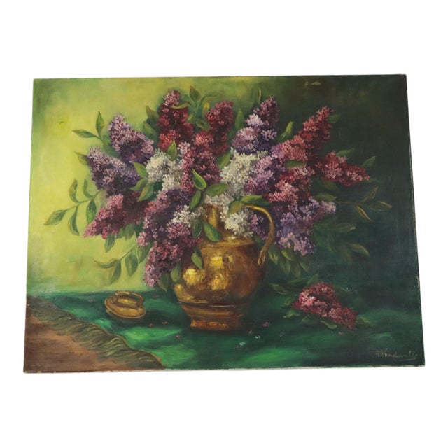 Vandewalle, Still Life Painting with Lilacs, 1960s, Canvas For Sale - Image 13 of 16