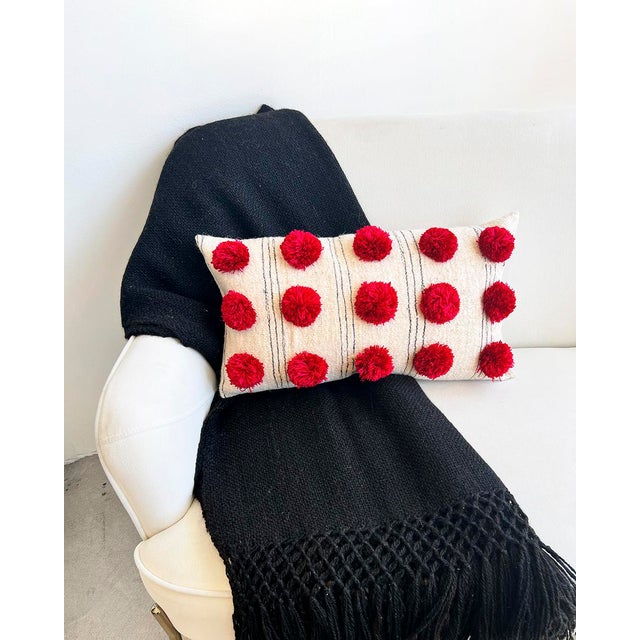Rustic Chamula White With Gray Stripes Red PomPom Throw Pillow Handmade From 100% Wool For Sale - Image 3 of 5