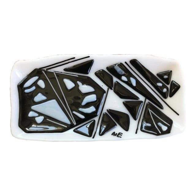 1980s Vintage Mid-Century Modern Glass Black and White Abstract Wall Plaque Artwork Dish For Sale