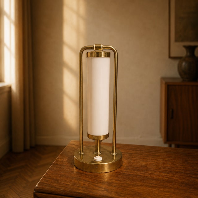 White Bauhaus Table Lamp in Brass & Opaline Glass, Czech Republic, 1930s For Sale - Image 8 of 8