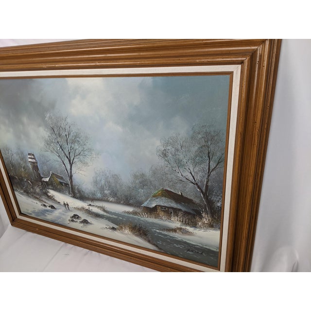 Mid 20th Century Large Signed H. Wood Original Oil Painting of European Winter Village Landscape – Framed For Sale - Image 11 of 16